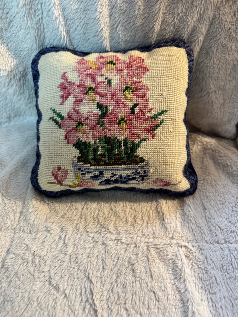 Handmade Pink Floral Needlepoint Accent Pillow with Blue Trim